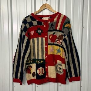 Vintage Americana Wool Chunky Handknit Cardigan Sweater Women Large Patchwork